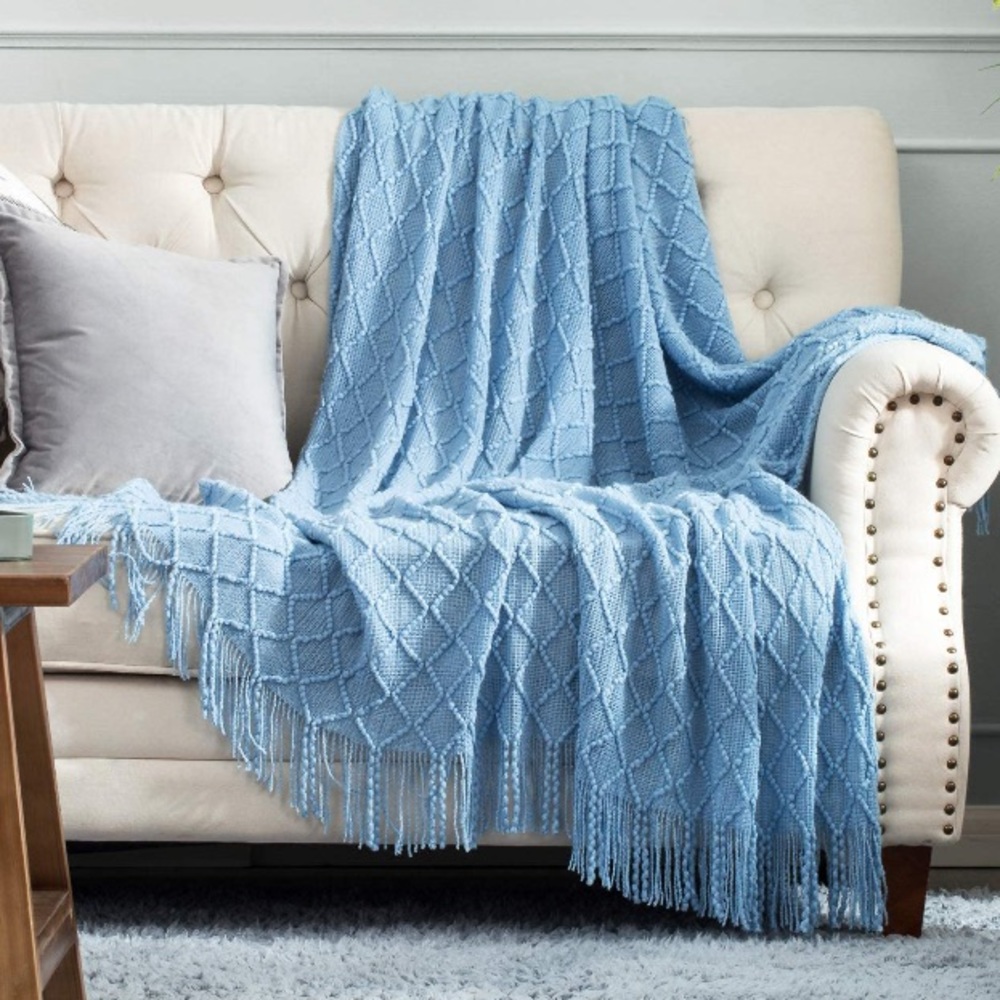 White Farmhouse Classic Chic Tassel Knit Throw Cozy Fringe Patterned Blanket - Picture 11 of 16
